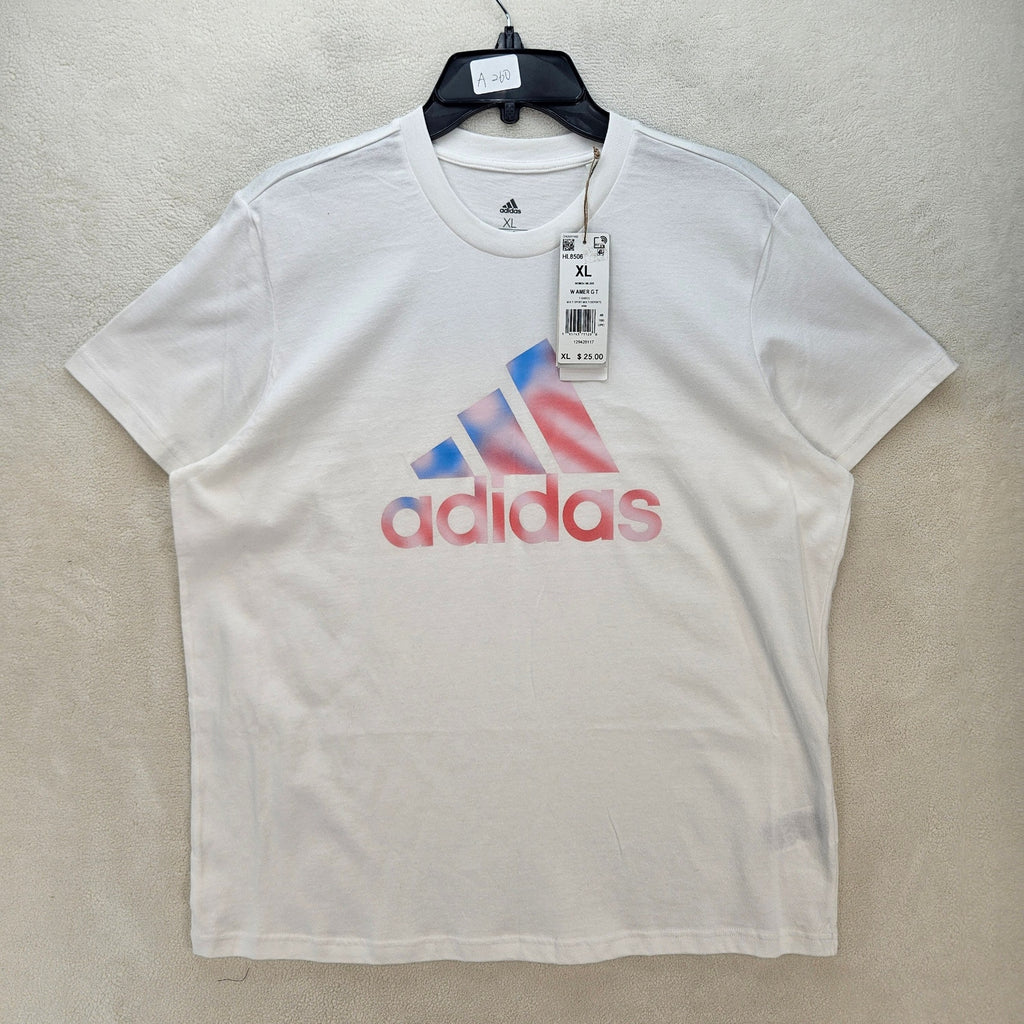 ADIDAS WOMEN'S XL AMERICAN FLAG LOGO WHITE TSHIRT NWT HL8506