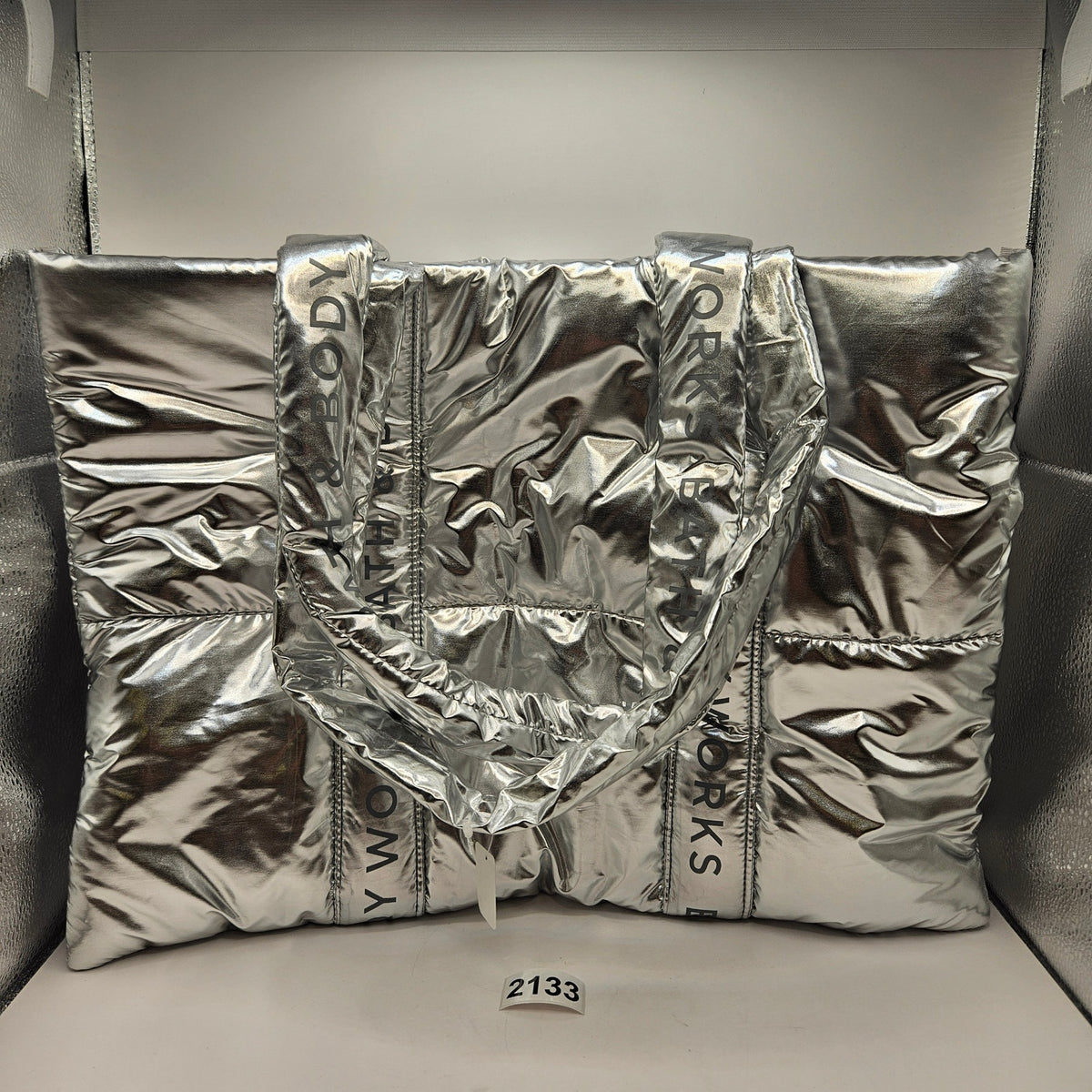 BATH & BODY WORKS QUILTED METALLIC CHROME TOTE NWT