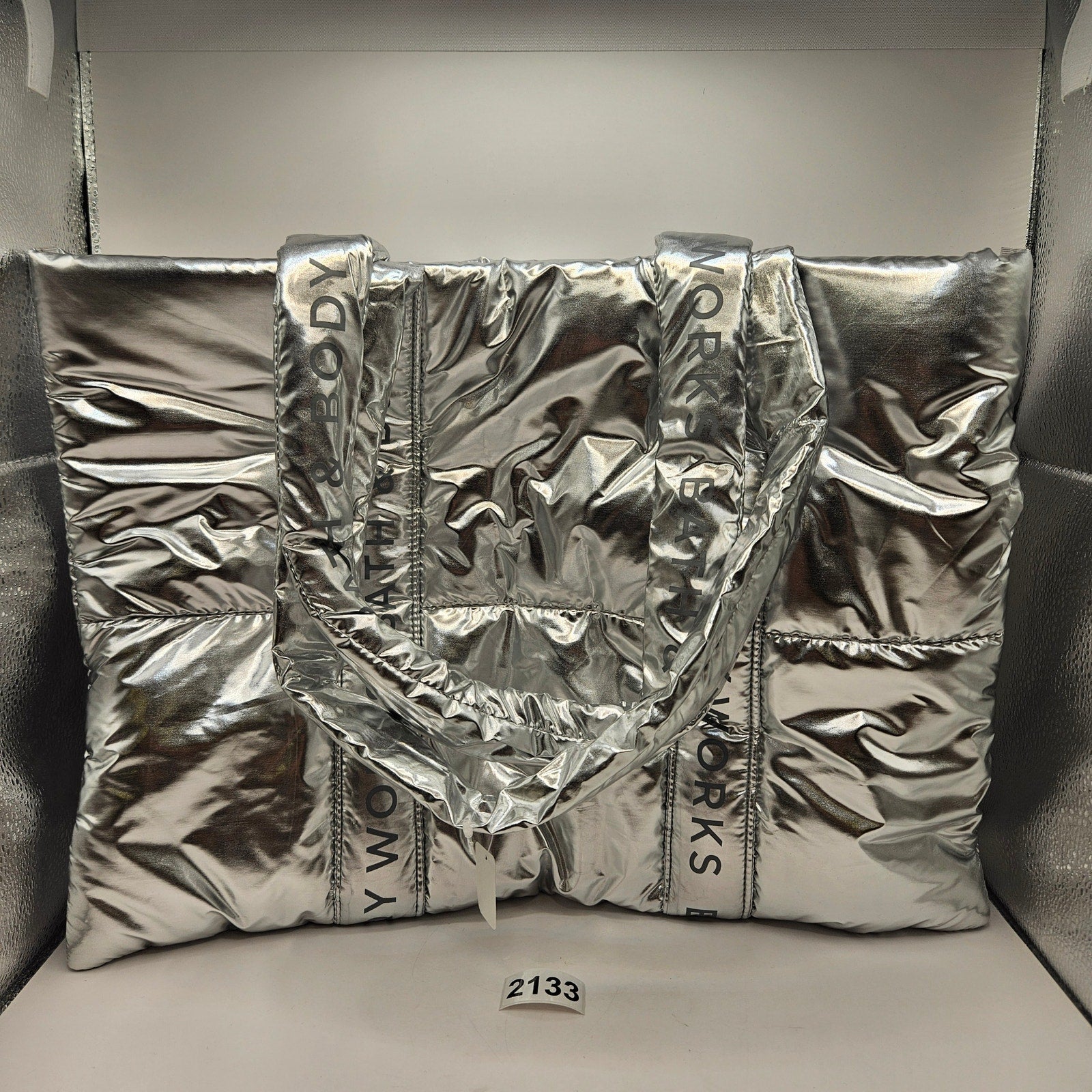 BATH & BODY WORKS QUILTED METALLIC CHROME TOTE NWT