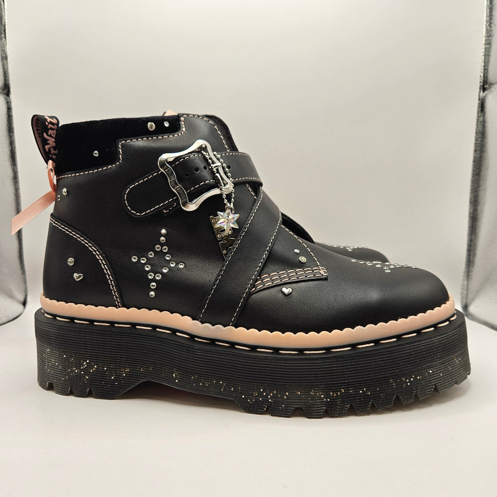 DR MARTENS WOMEN'S 11 CAITIE LEATHER BUCKLE PLATFORM LIMITED EDITION BOOTS BLACK