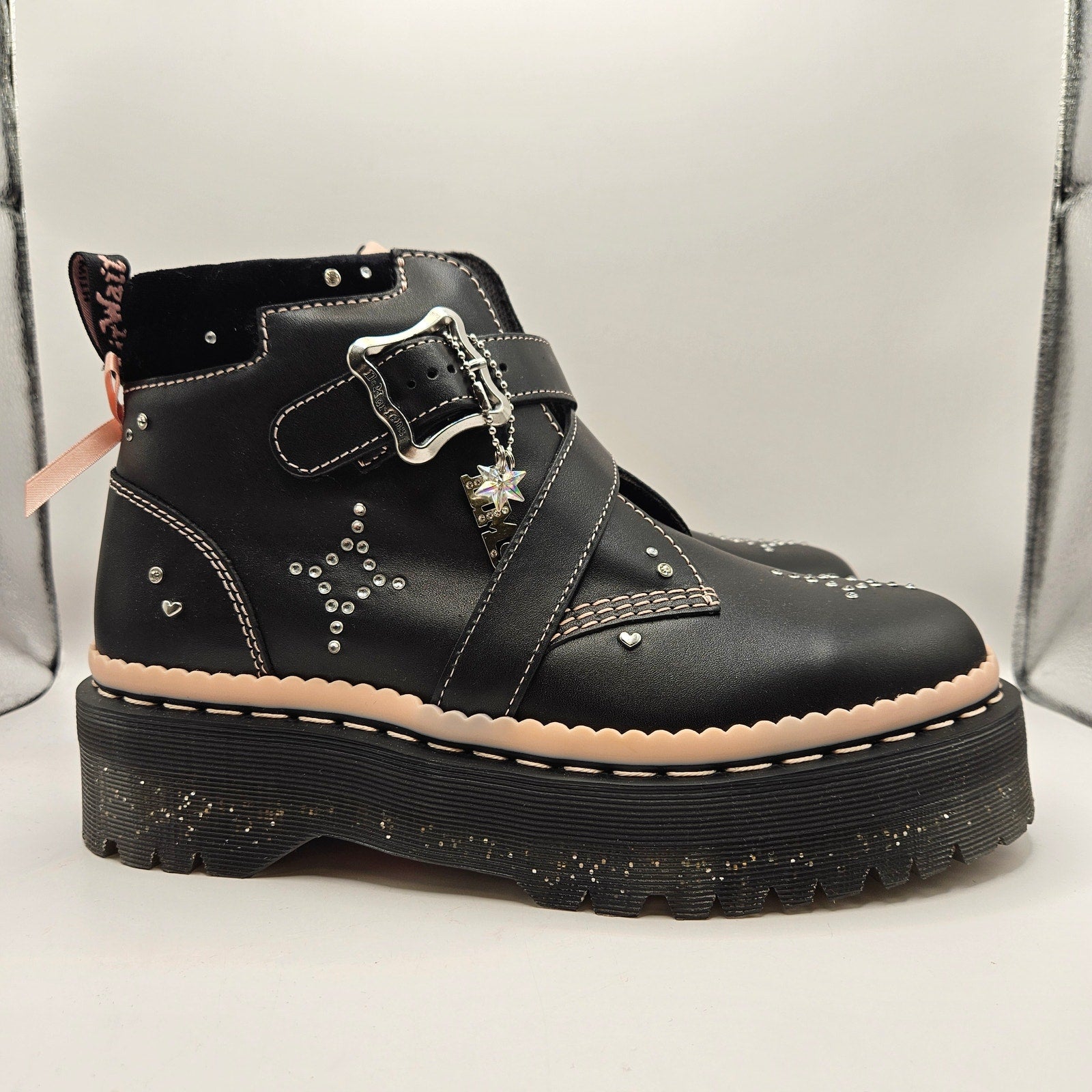 DR MARTENS WOMEN'S 11 CAITIE LEATHER BUCKLE PLATFORM LIMITED EDITION BOOTS BLACK
