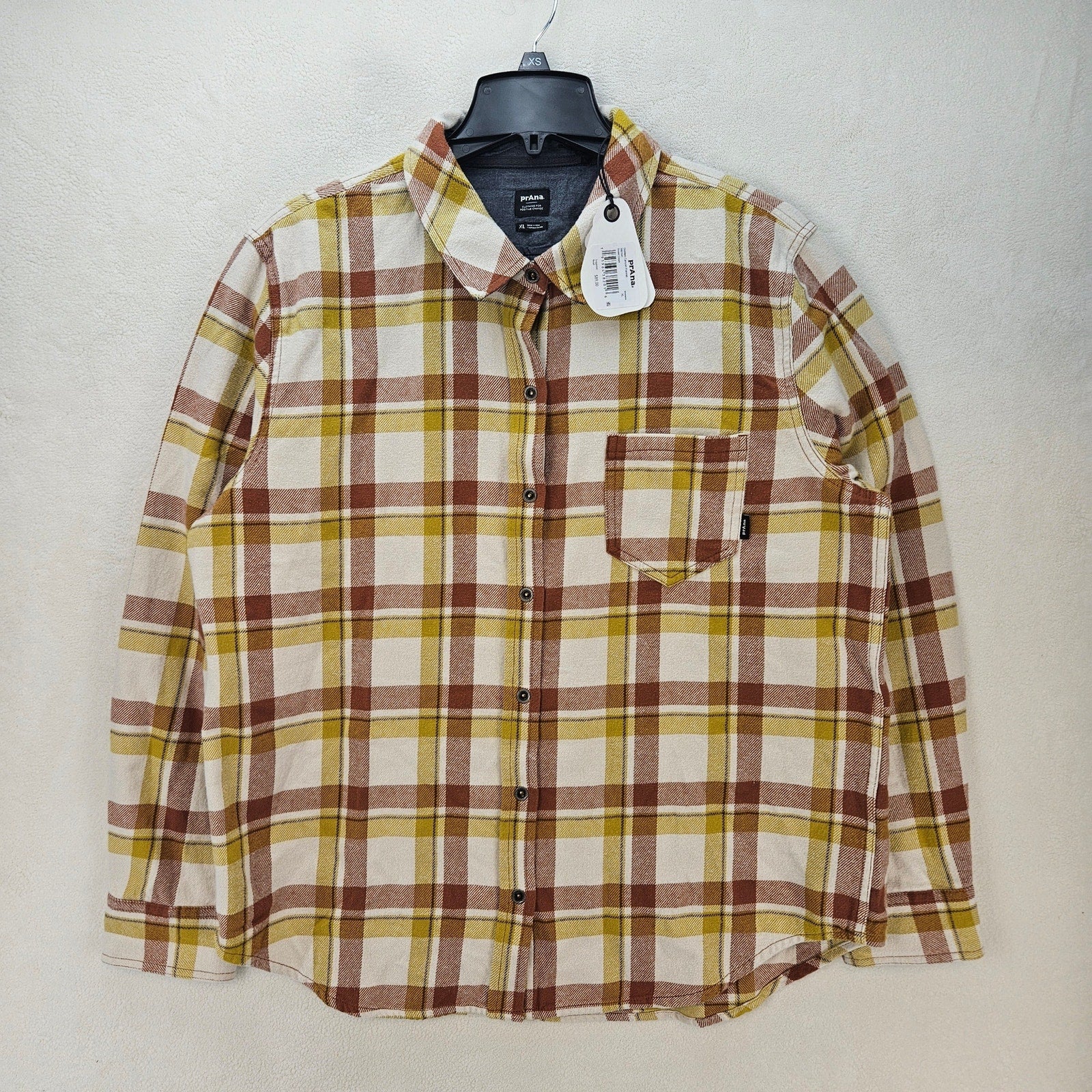 PRANA WOMEN'S XL GOLDEN CANYON FLANNEL SWEET CREAM PLAID NWT SHIRT