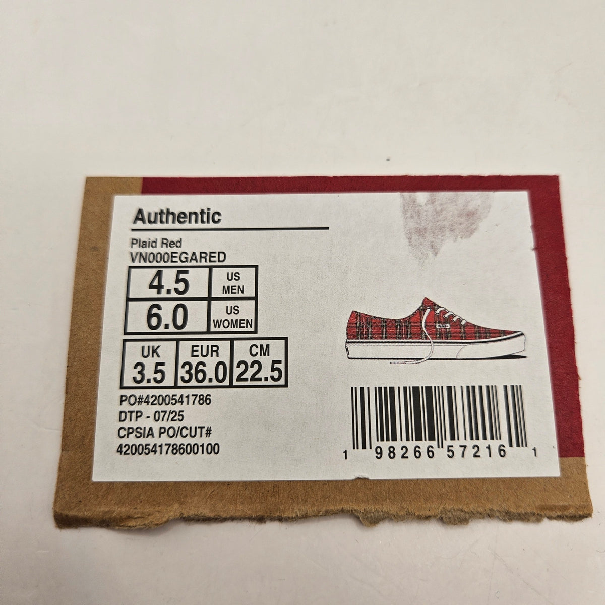 VANS WOMEN'S 6 AUTHENTIC RED PLAID LOW TOP CANVAS SNEAKER NWOB