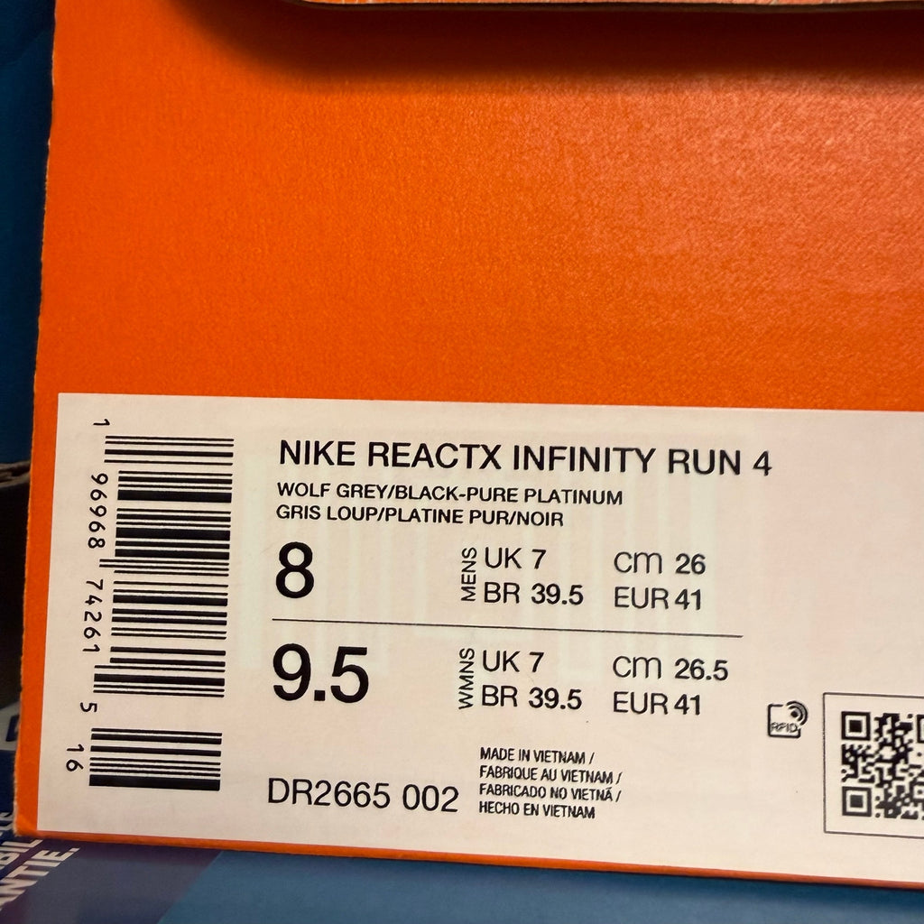 NIKE MEN'S 8 REACTX INFINITY RUN 4 WOLF GREY BLACK RUNNING DR2665-002 NIB