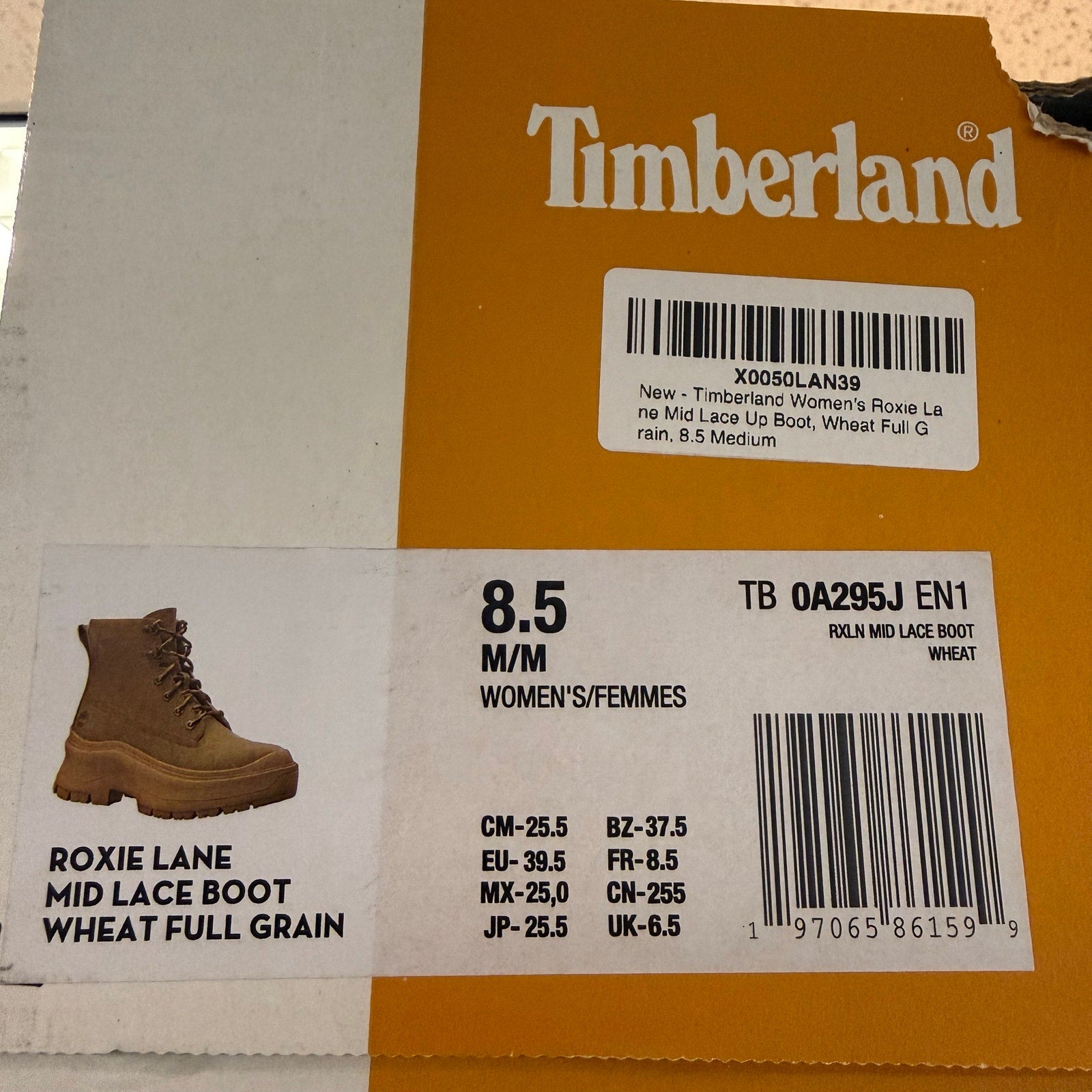 TIMBERLAND WOMEN'S 8.5 ROXIE LANE MID LACE UP BOOT WHEAT FULL GRAIN NIB