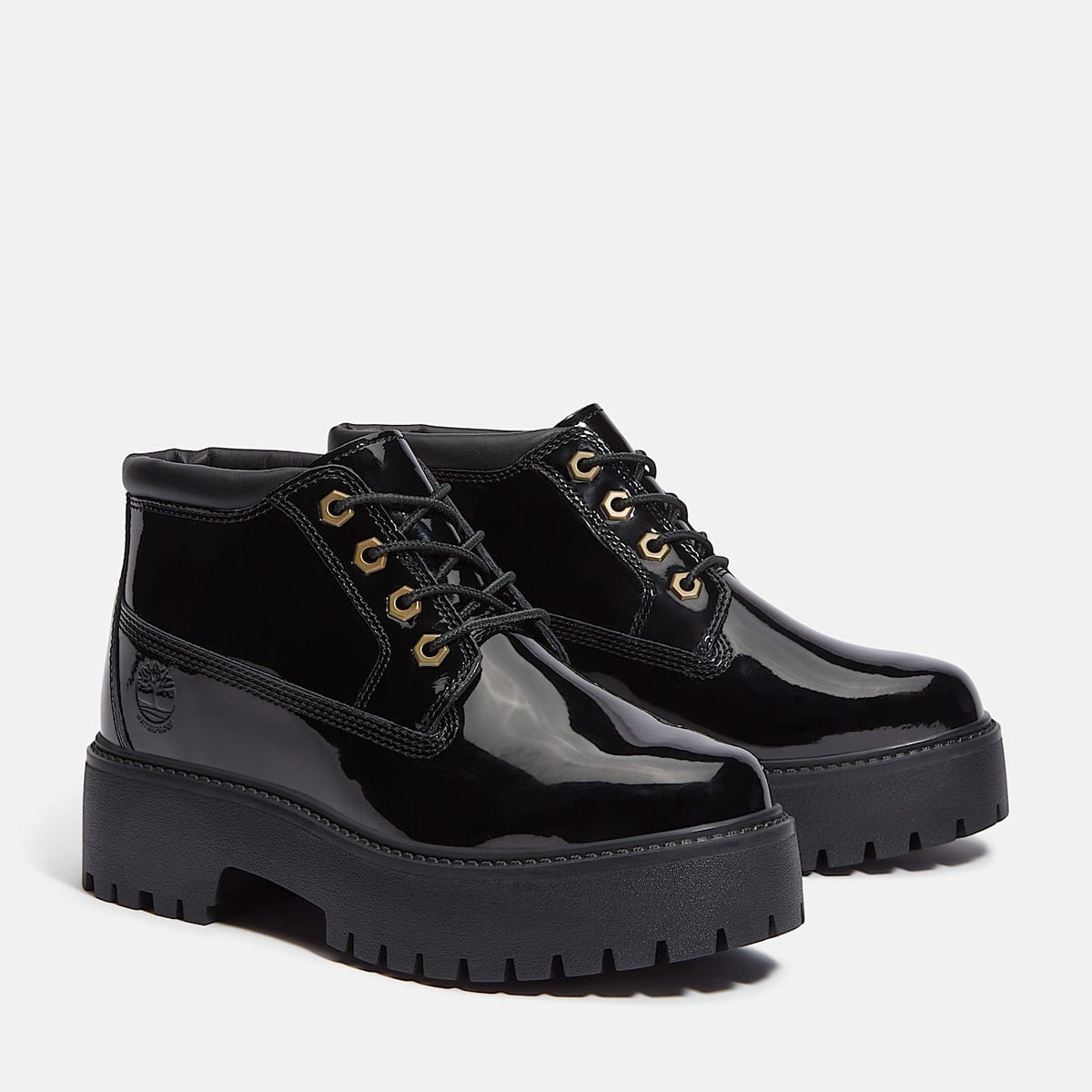 TIMBERLAND WOMEN'S 6.5 STONE STREET MID LACE WATERPROOF PATENT BLACK LEATHER NIB