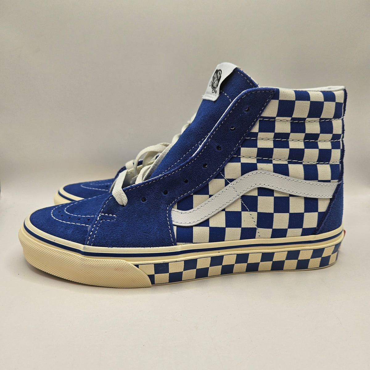 VANS WOMEN'S 8.5 SK8-HI CHECKERBOARD SIDEWALL CLASSIC BLUE SKATEBOARD NWOB