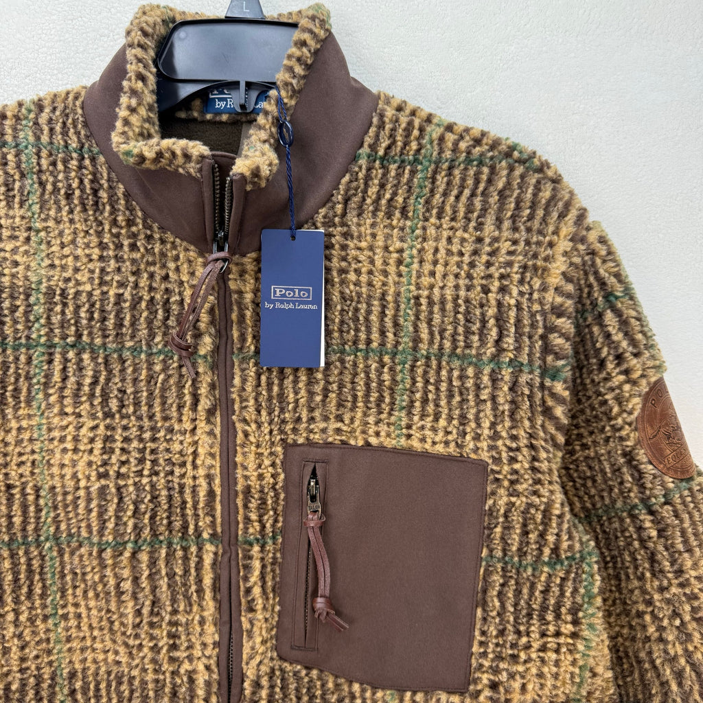 POLO RALPH LAUREN MEN'S MEDIUM BROWN GLEN PLAID PILE FLEECE JACKET