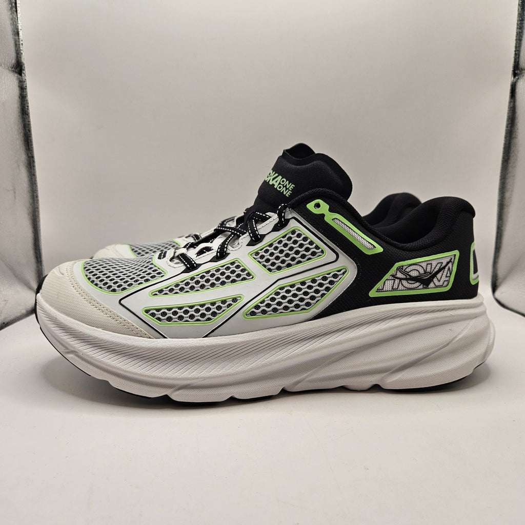 HOKA MEN'S 11.5 CLIFTON ONE9 RUNNING SHOES WHITE BLACK GREEN 1155370-BWHT NWOB