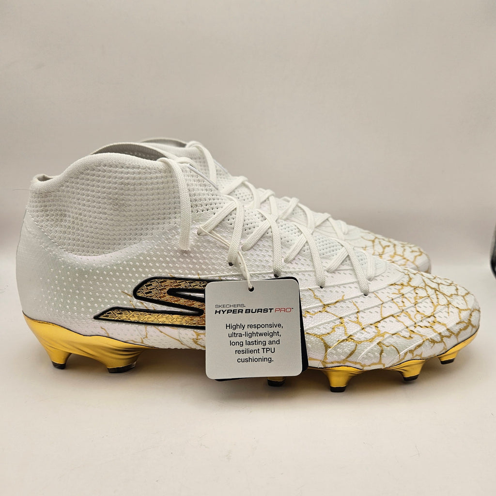 SKECHERS MEN'S 10.5 SKX 1.5 HIGH ELITE FG SOCCER CLEATS WHITE METALLIC GOLD NWOB