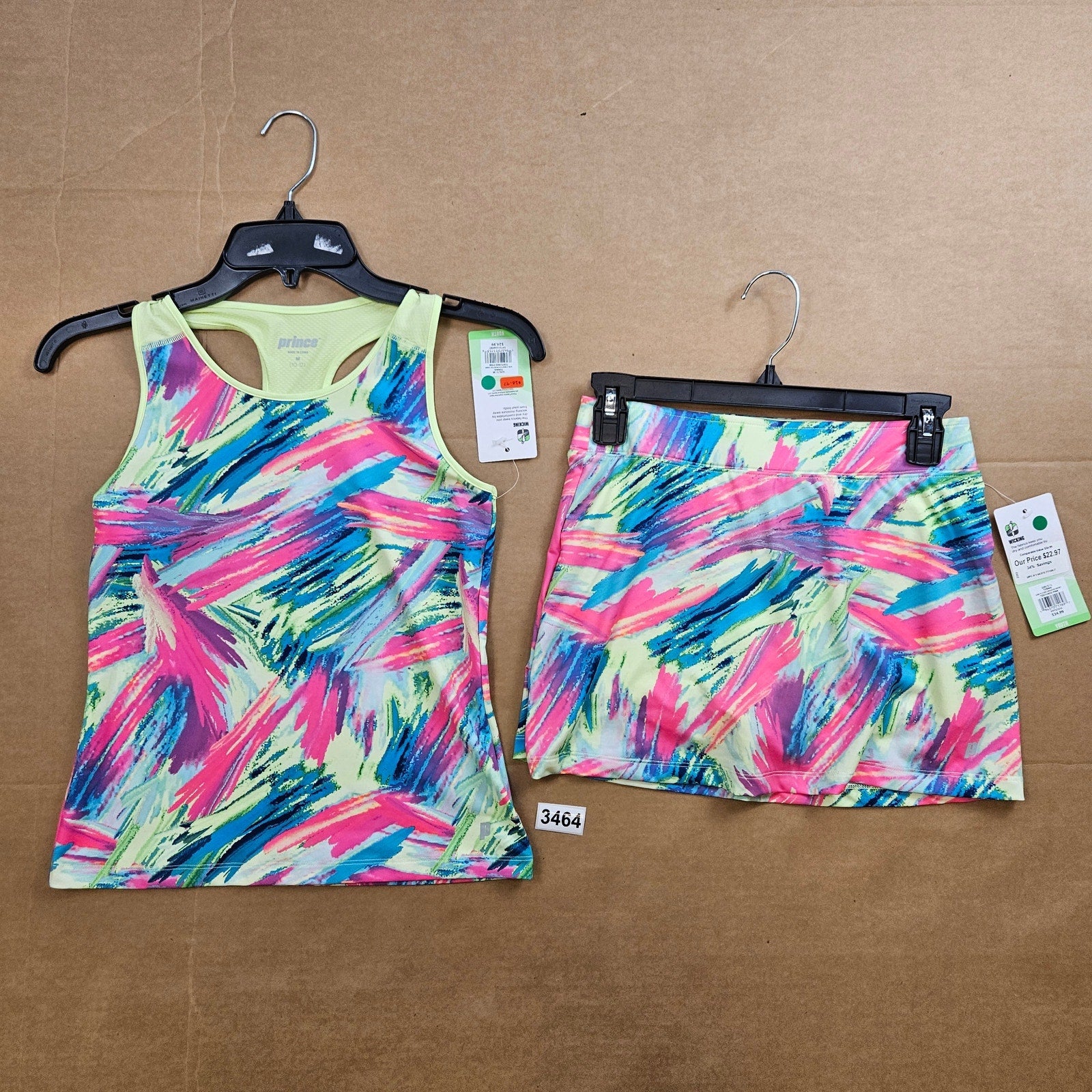 PRINCE GIRLS TENNIS OUTFIT LOT TANK TOP(M) & SKORT(L) MULTICOLOR BRUSHSTROKE NWT
