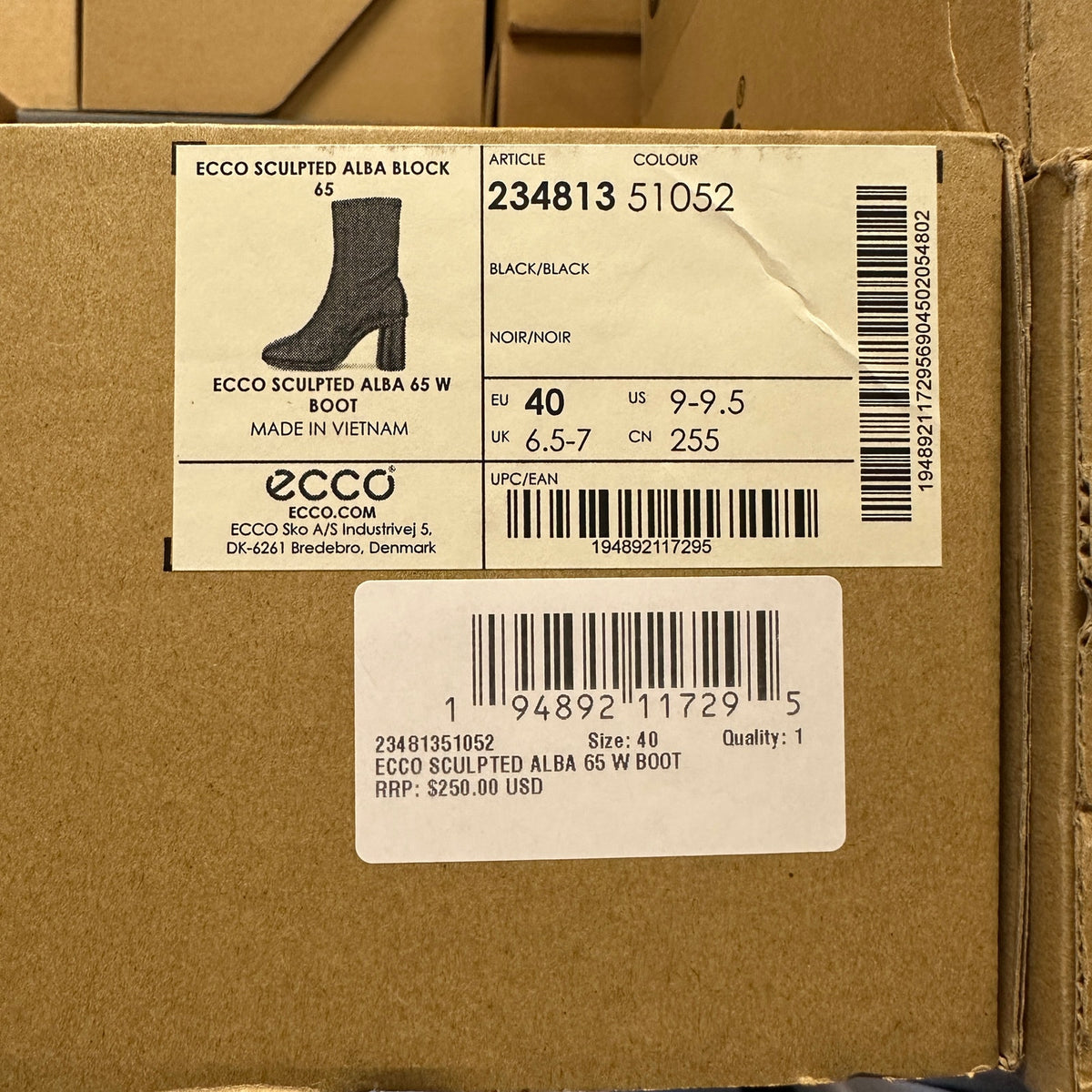 ECCO WOMEN'S 40 SCULPTED ALBA BLOCK 65 BLACK LEATHER HEEL BOOT NIB 23481351052