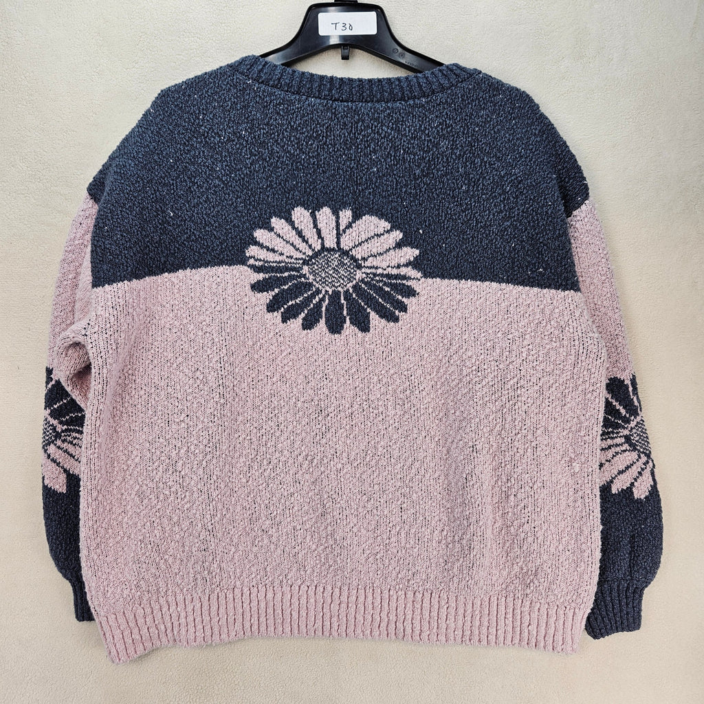 FREE PEOPLE XS OVERSIZED DAISY FLOWER CHUNKY KNIT SWEATER BLUE PINK PULLOVER