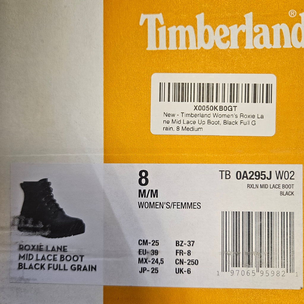 TIMBERLAND WOMEN'S 8 ROXIE LANE LACE UP BOOT BLACK FULL GRAIN NIB