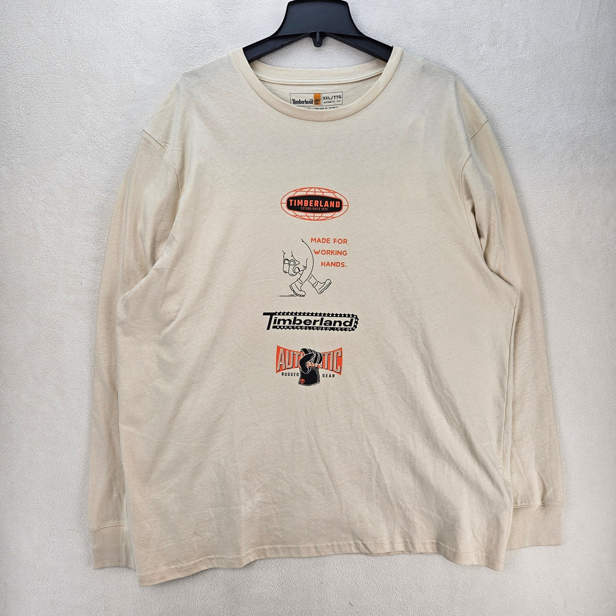 TIMBERLAND MEN'S XXL MADE FOR WORKING HANDS LONG SLEEVE GRAPHIC TSHIRT NWT CREAM