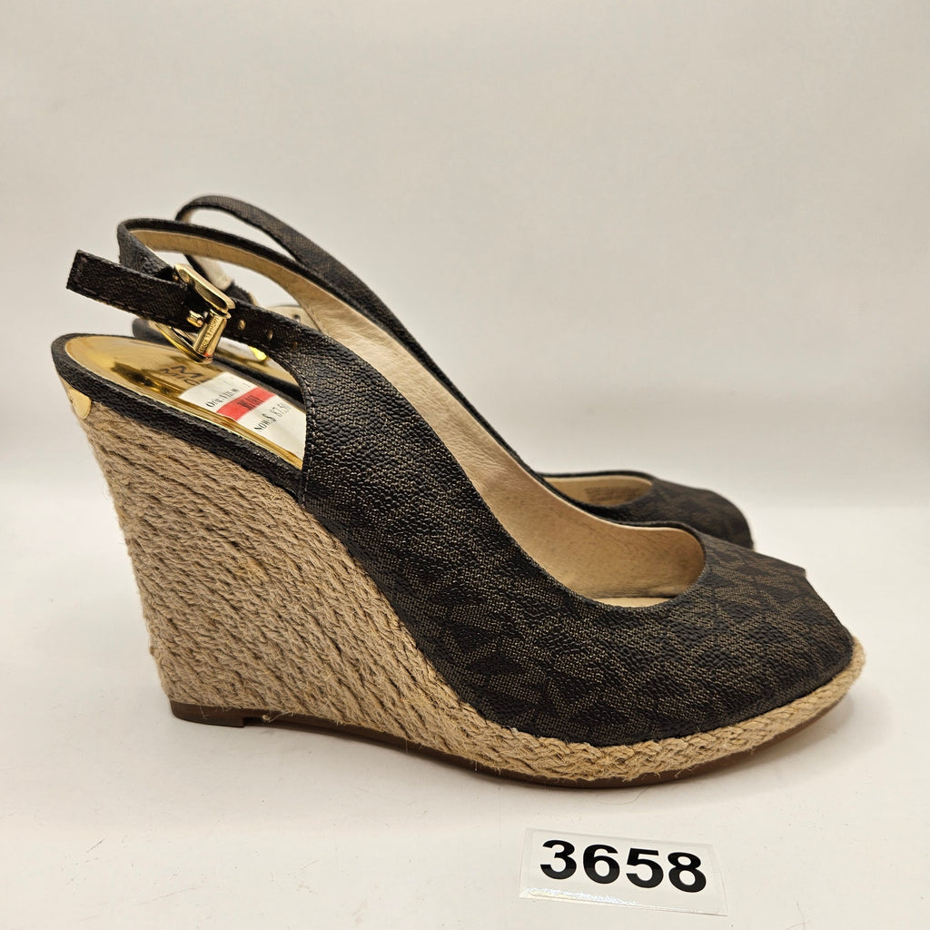 MICHAEL KORS KEEGAN WOMEN'S 7 SLINGBACK ESPADRILLE WEDGE SANDAL BROWN LOGO NWOB