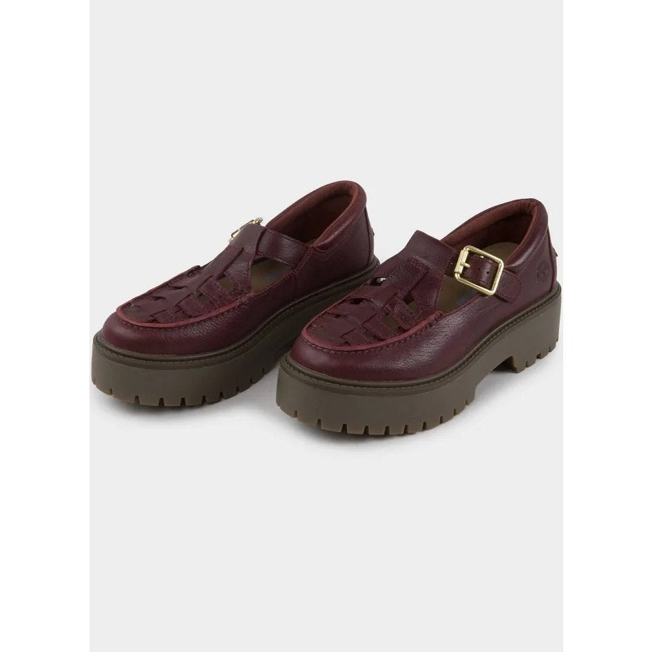 TIMBERLAND WOMEN'S 6.5 RARE BURGUNDY STONE STREET BUCKLE PLATFORM LEATHER WOVEN