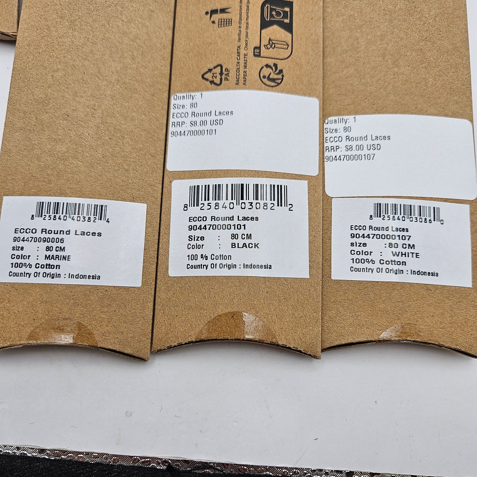 LOT OF 6 - ECCO PREMIUM LACES 80CM MARINE/BLACK/WHITE ROUND NIB 1X6 PAIRS