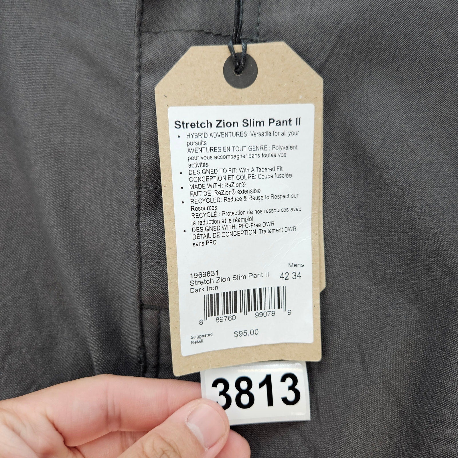 PRANA MEN'S 42X34 ZION SLIM PANT II DARK IRON NWT CARGO HIKING PANTS