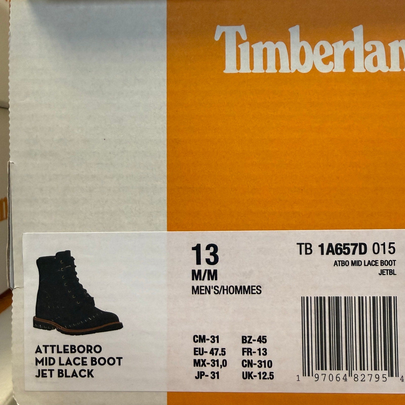 TIMBERLAND MEN'S 13 ATTLEBORO MID LACE BOOT JET BLACK NIB TB1A657D015