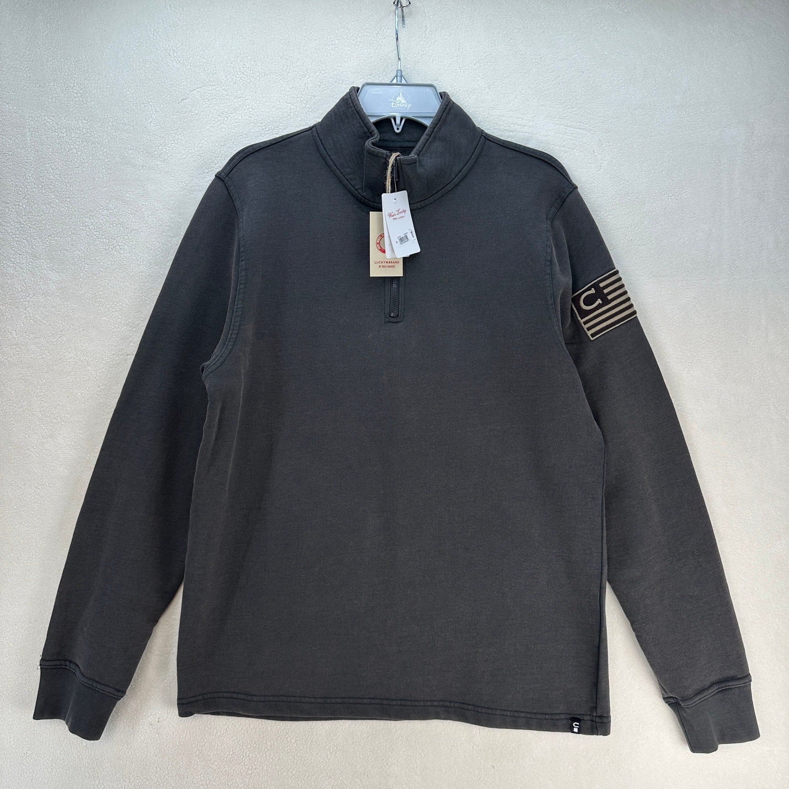 LUCKY BRAND X COLE HAUSER LARGE PATRIOT VINTAGE GREY HALF ZIP SWEATSHIRT