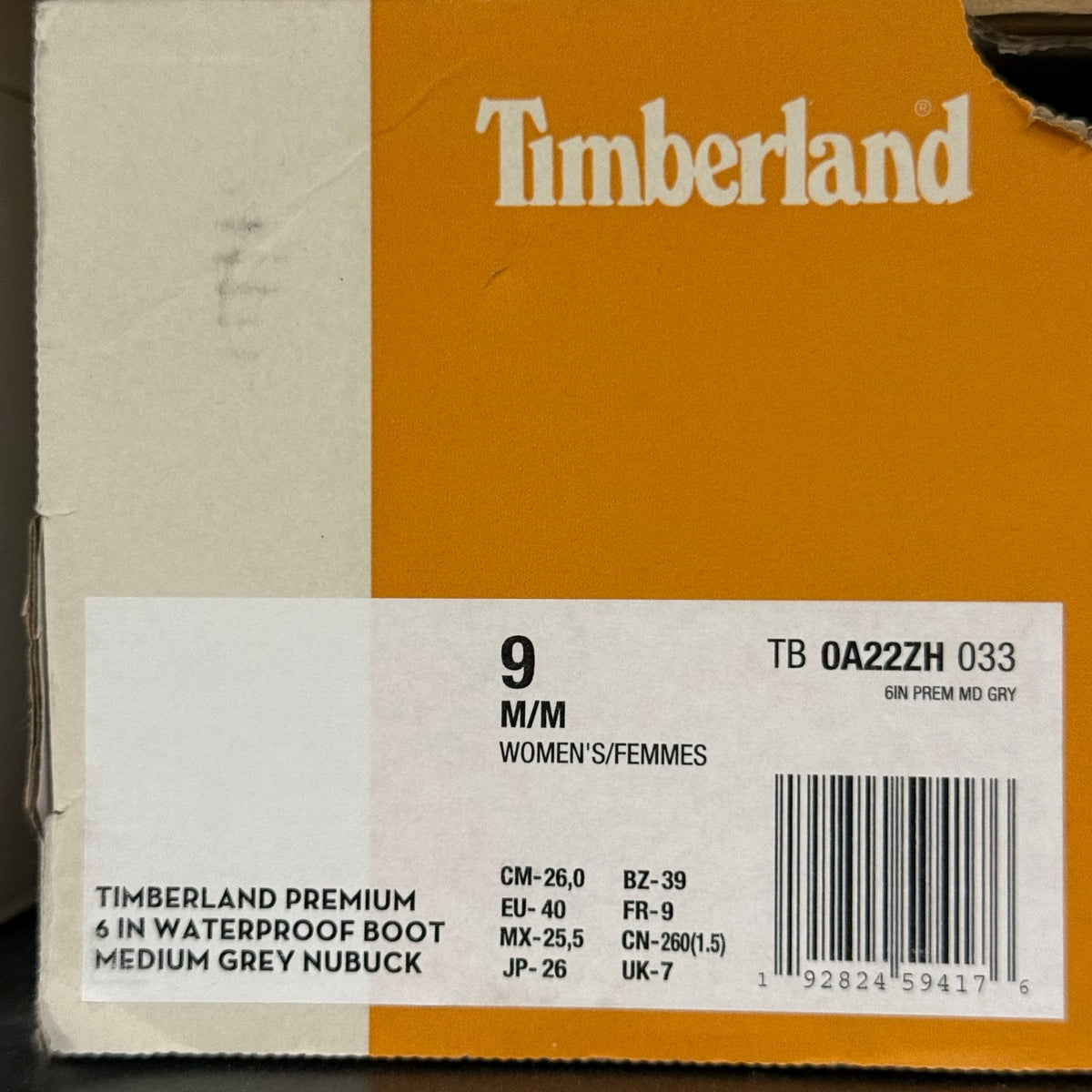 TIMBERLAND WOMEN'S 9 PREMIUM 6 INCH WP BOOT MEDIUM GREY NUBUCK NIB