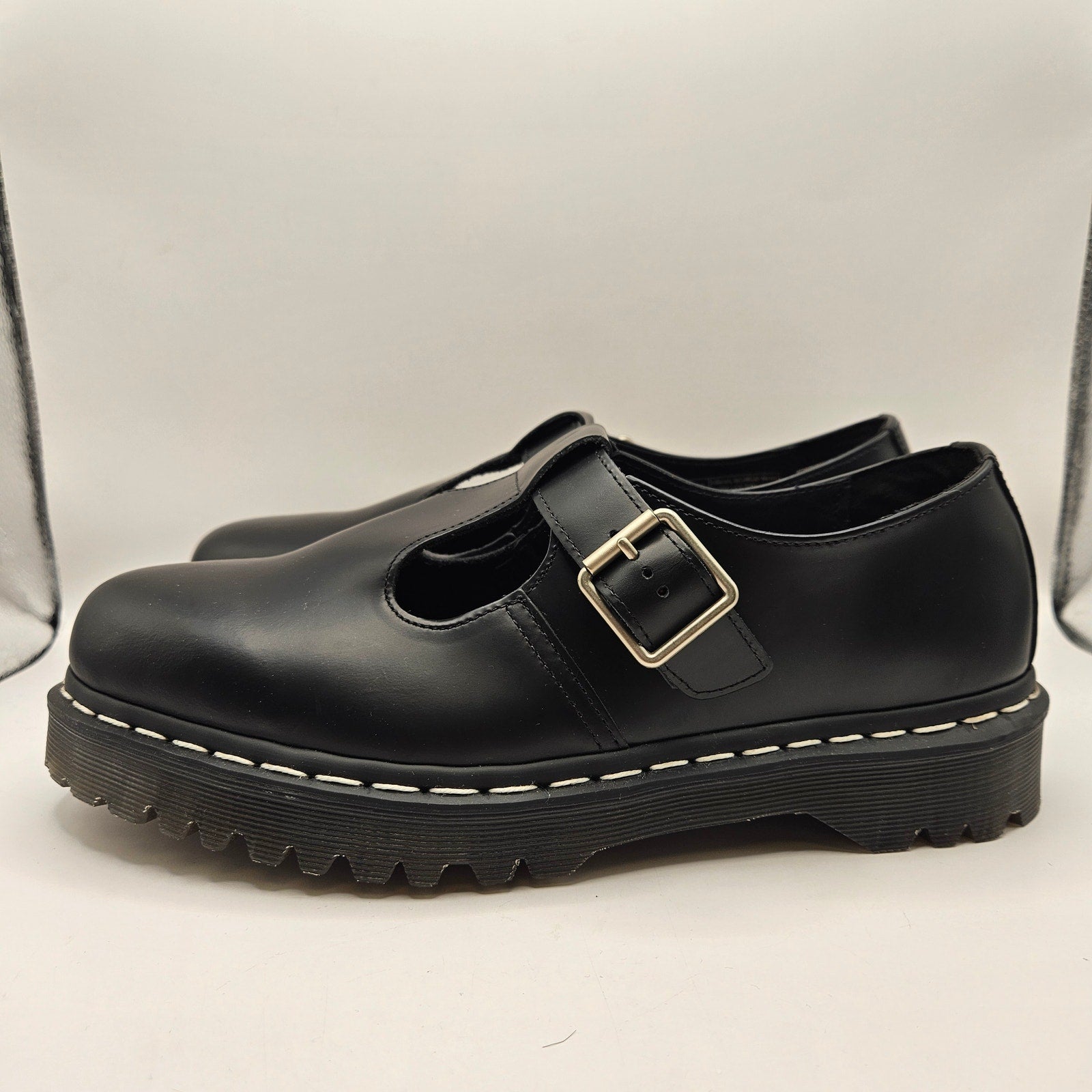 DR MARTENS MEN'S 11 POLLEY BEX T-BAR WHITE STITCHING BLACK LEATHER WHT STITCH