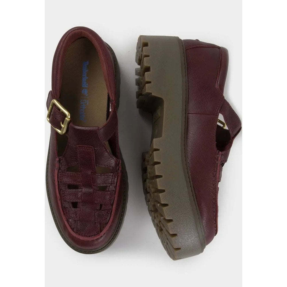 TIMBERLAND WOMEN'S 6.5 RARE BURGUNDY STONE STREET BUCKLE PLATFORM LEATHER WOVEN