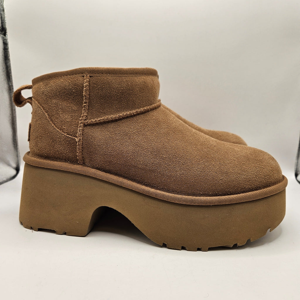 UGG WOMEN'S 9 ULTRA MINI HEIGHTS CHESTNUT SUEDE PLATFORM BOOTS 1158311 NWOB