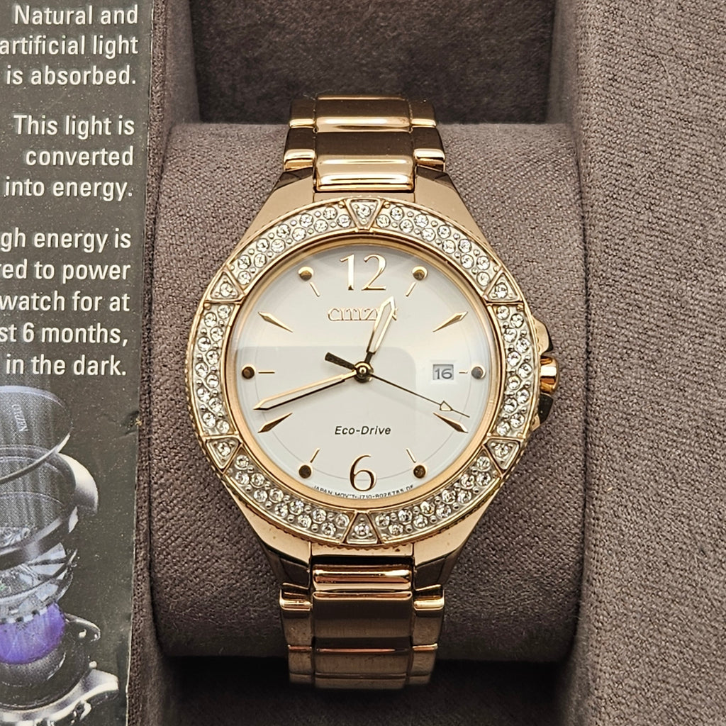 CITIZEN FE1163-56A SILHOUETTE WOMEN'S ECO DRIVE SWAROVSKI CRYSTAL GOLDTONE WATCH