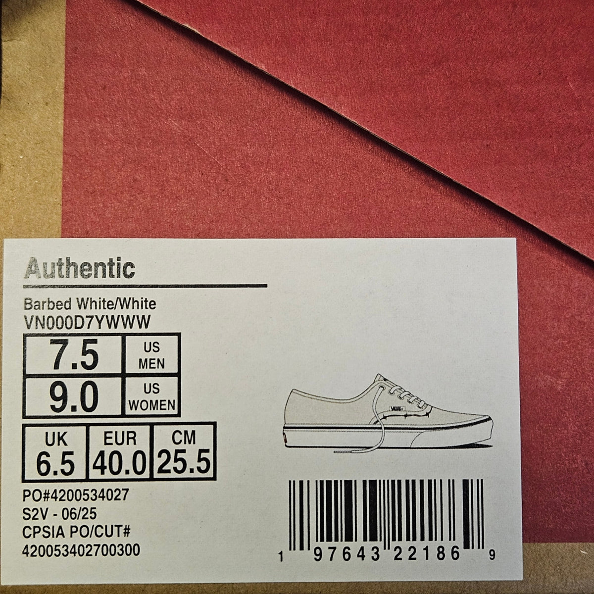 VANS MEN'S 7.5 AUTHENTIC BARBED WHITE LOW TOP CANVAS SNEAKER NIB