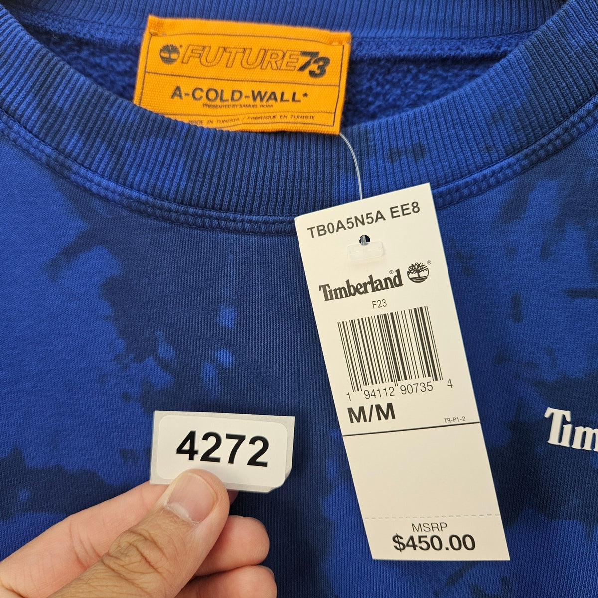 TIMBERLAND X A COLD WALL MEN'S MEDIUM BRIGHT BLUE $450 CREWNECK SWEATSHIRT