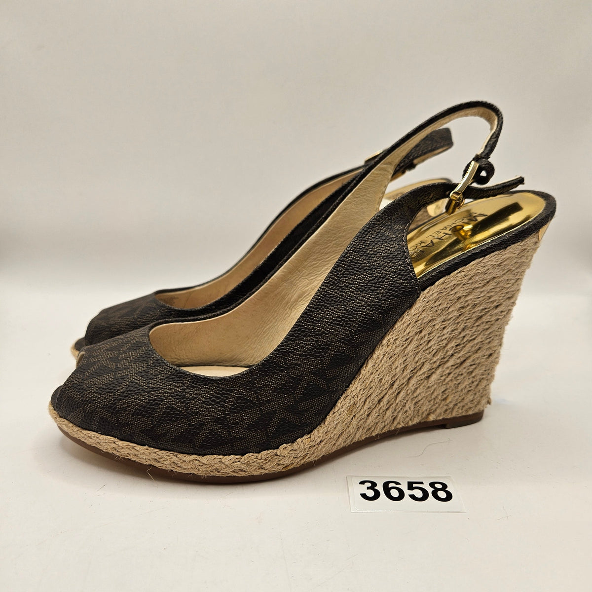 MICHAEL KORS KEEGAN WOMEN'S 7 SLINGBACK ESPADRILLE WEDGE SANDAL BROWN LOGO NWOB