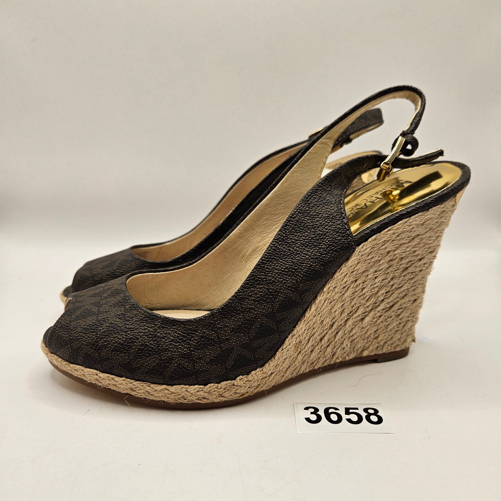 MICHAEL KORS KEEGAN WOMEN'S 7 SLINGBACK ESPADRILLE WEDGE SANDAL BROWN LOGO NWOB