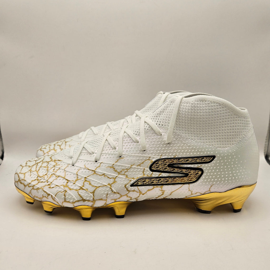 SKECHERS MEN'S 11.5 SKX 1.5 HIGH ELITE FG SOCCER CLEATS WHITE METALLIC GOLD NWOB
