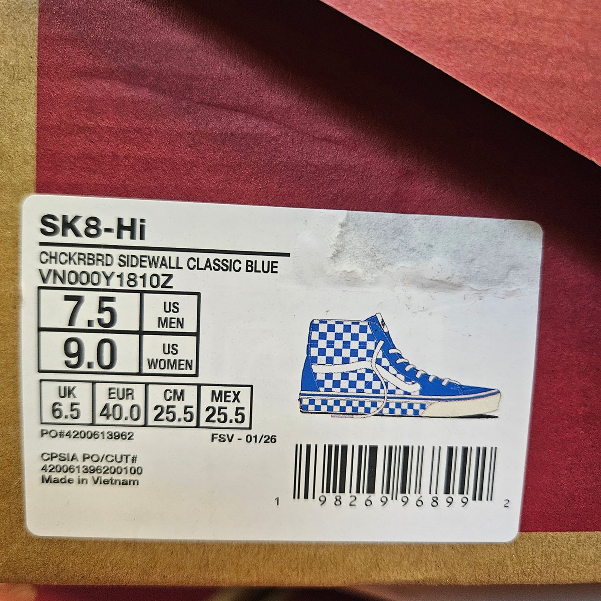 VANS MEN'S 7.5 SK8-HI CHECKERBOARD SIDEWALL CLASSIC BLUE HI TOP SKATEBOARDING