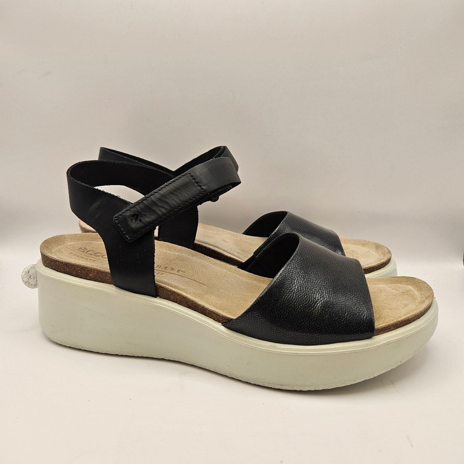 ECCO WOMEN'S 41 FLOWT WEDGE LEATHER CORK HEELED SANDAL BLACK NWOB 27231351052