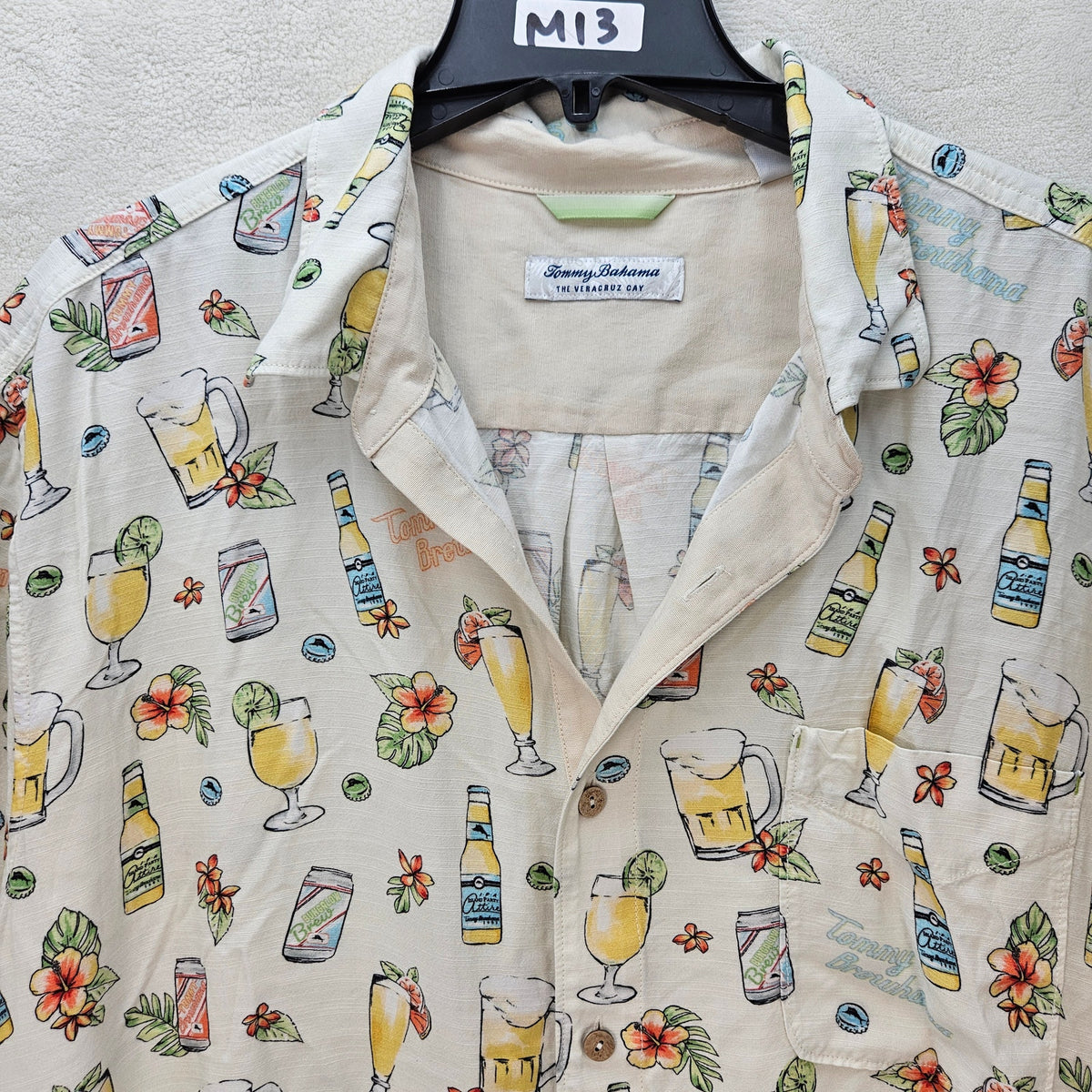 TOMMY BAHAMAS MEN'S XL TALL VERACRUZ CAY SHORT SLEEVE ALL OVER PRINT SHIRT BEIGE