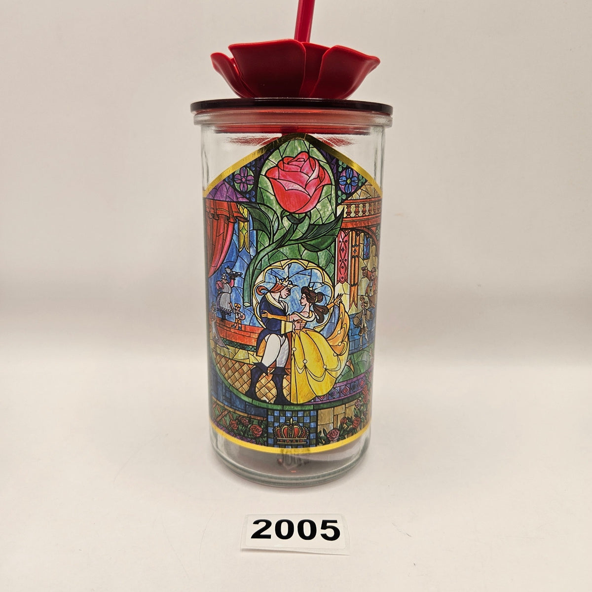 DISNEY BEAUTY AND THE BEAST GLASS TUMBLER W/ ROSE STRAW STAINED GLASS DESIGN NEW