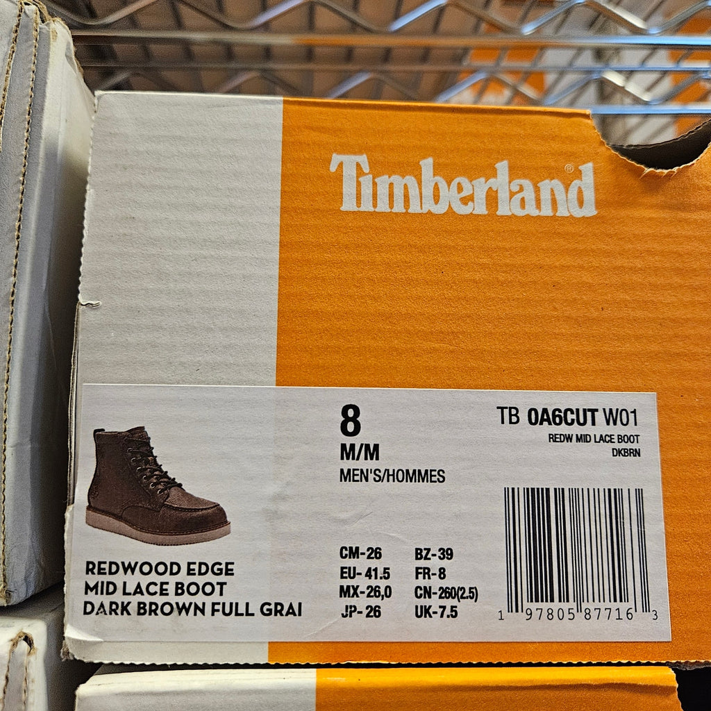 TIMBERLAND MEN'S 8 REDWOOD EDGE ESSENTIAL MID BOOT DARK BROWN FULL GRAIN NIB