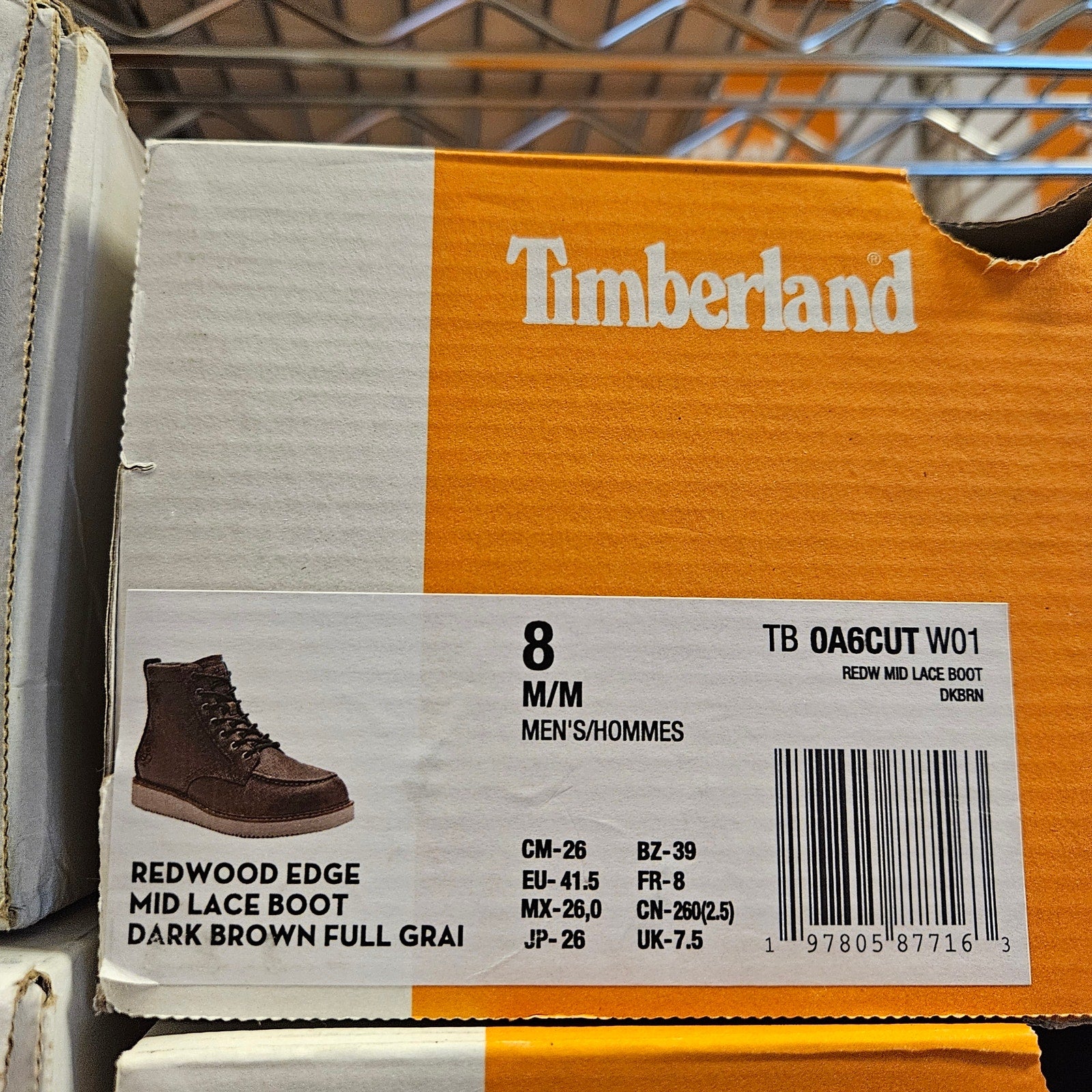 TIMBERLAND MEN'S 8 REDWOOD EDGE ESSENTIAL MID BOOT DARK BROWN FULL GRAIN NIB