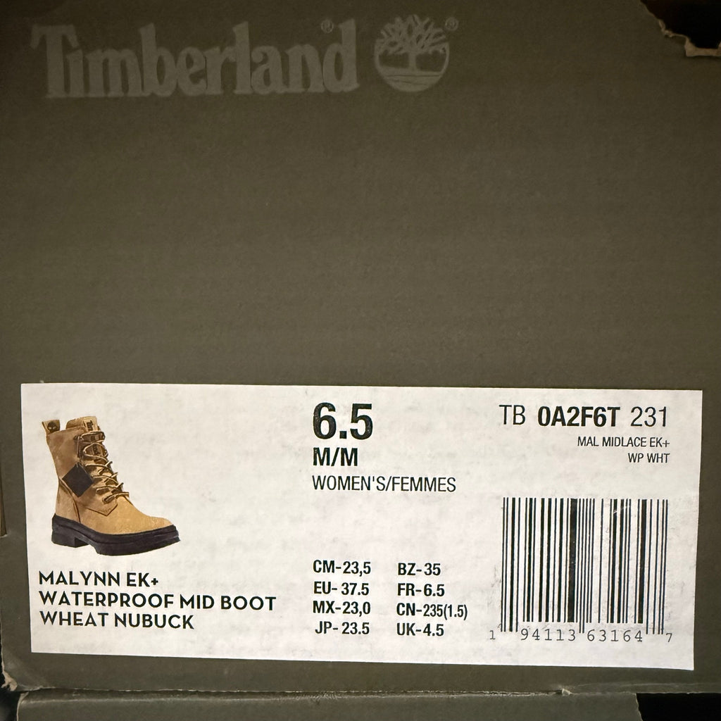 TIMBERLAND WOMEN'S 6.5 MALYNN EK+ WP MID BOOT WHEAT NUBUCK NIB