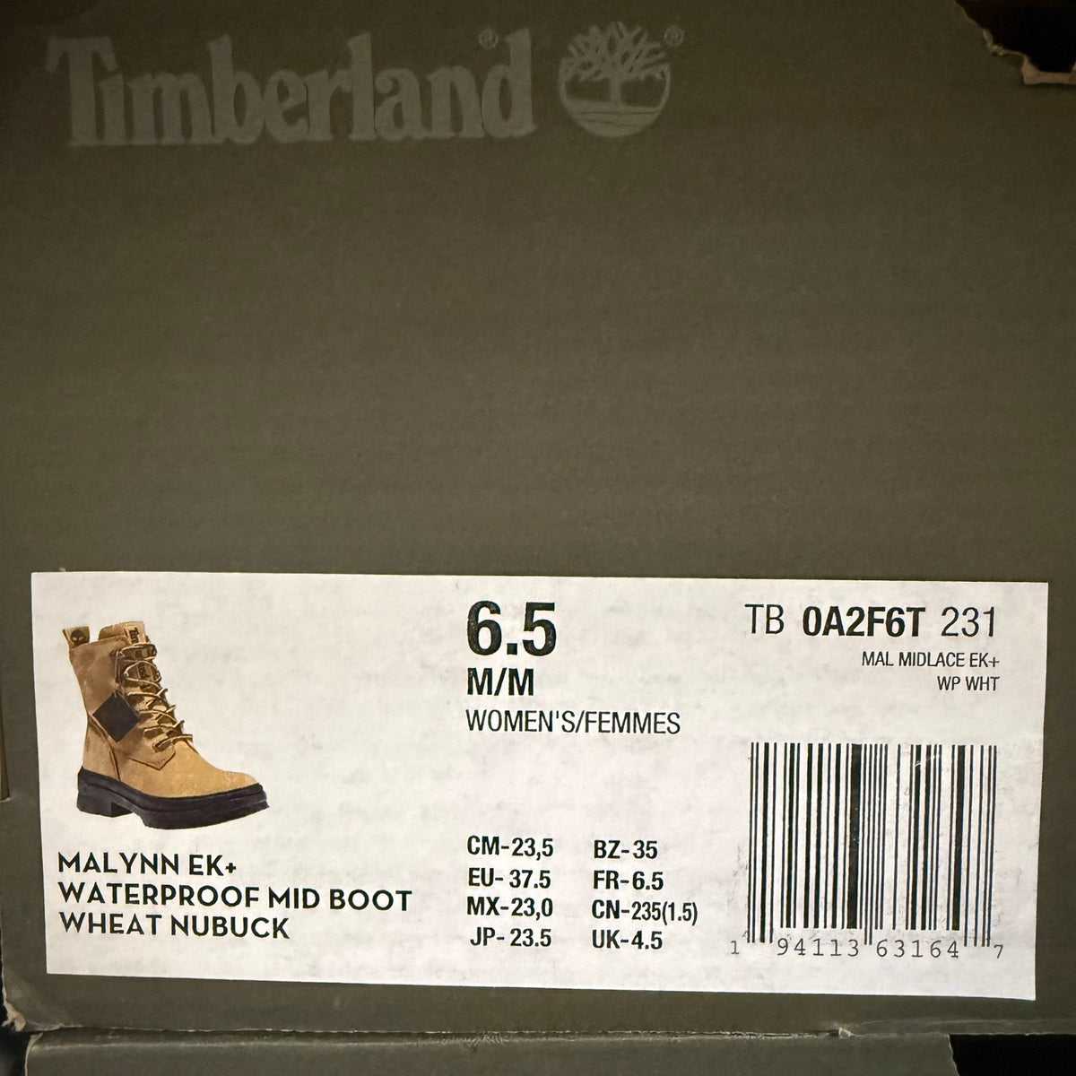 TIMBERLAND WOMEN'S 6.5 MALYNN EK+ WP MID BOOT WHEAT NUBUCK NIB