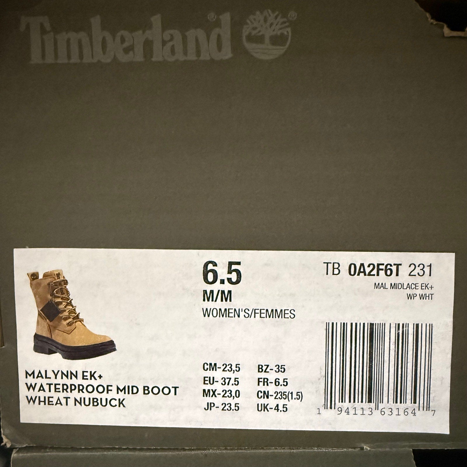 TIMBERLAND WOMEN'S 6.5 MALYNN EK+ WP MID BOOT WHEAT NUBUCK NIB