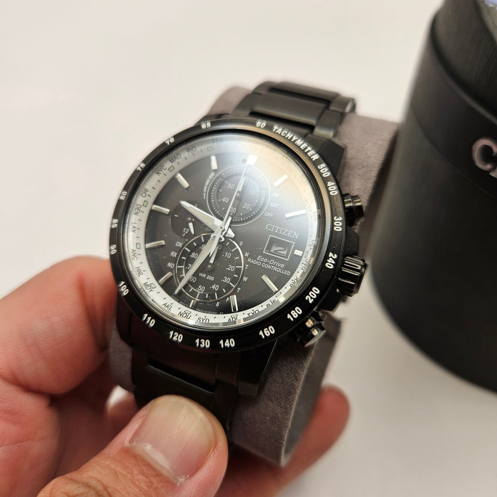 CITIZEN AT8175-58E MEN'S RADIO CONTROLLED TACHYMETER WORLD TIME $650 NEW