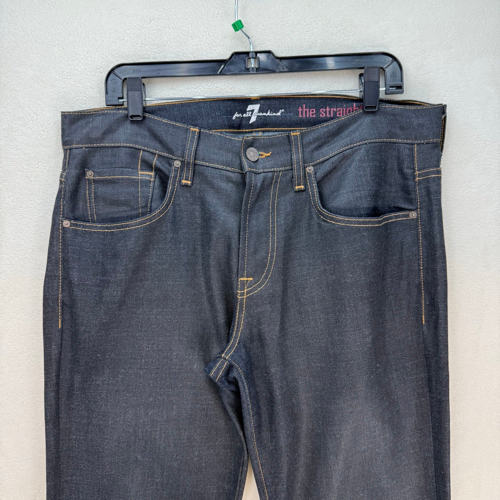 7 FOR ALLMANKIND MEN'S 33 MADE IN USA DARK BLUE WAXED STRAIGHT LEG JEANS