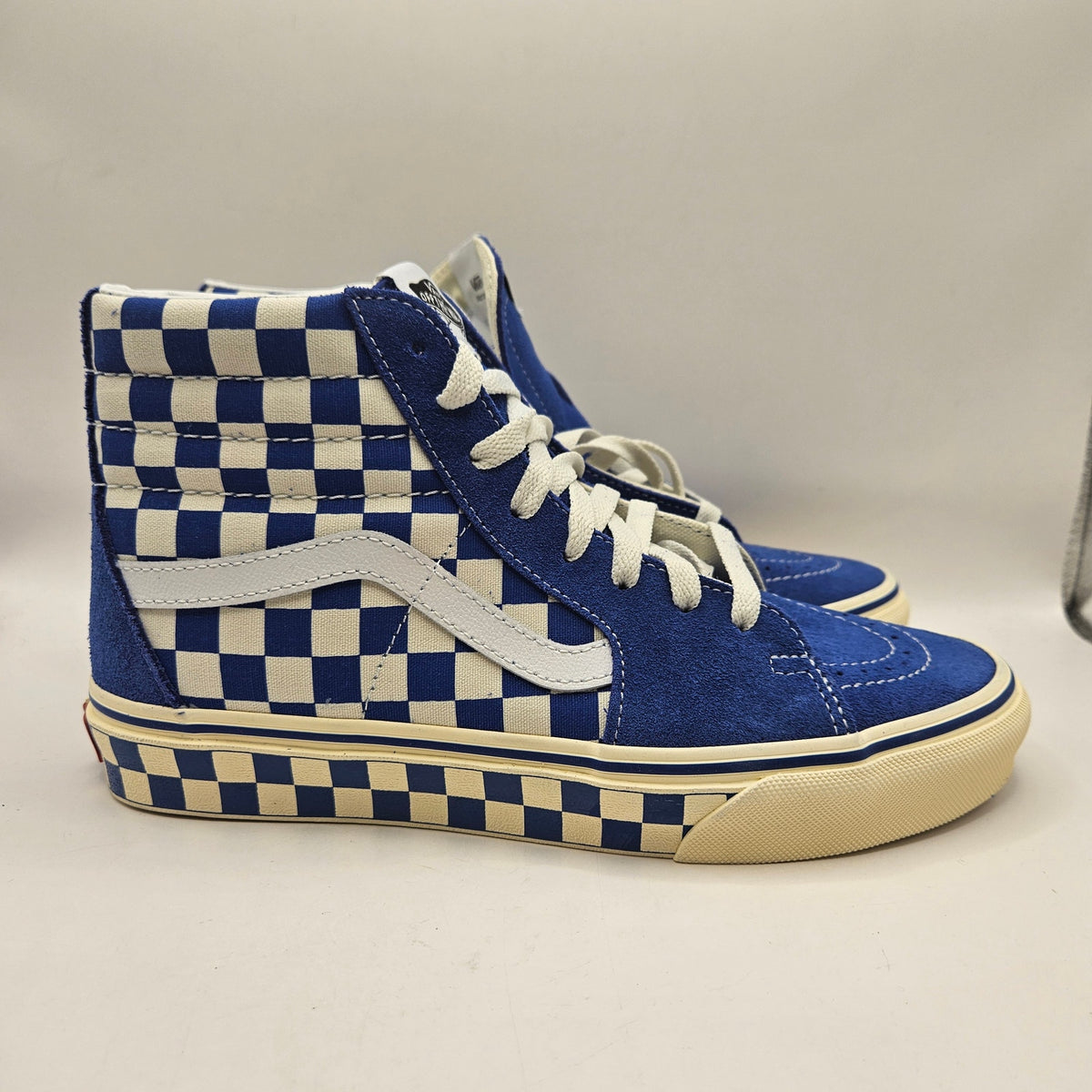 VANS WOMEN'S 8.5 SK8-HI CHECKERBOARD SIDEWALL CLASSIC BLUE SKATEBOARD NWOB