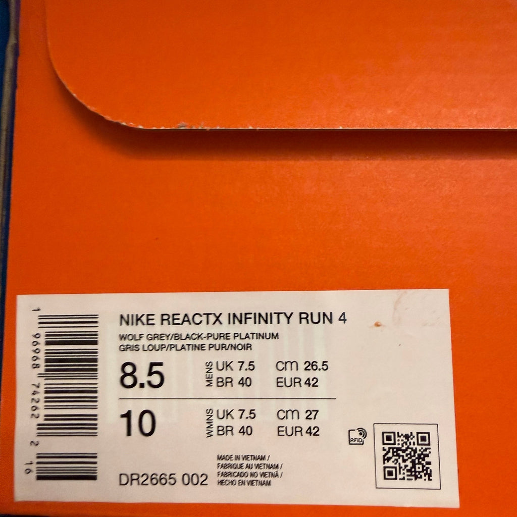 NIKE MEN'S 8.5 REACTX INFINITY RUN 4 WOLF GREY BLACK RUNNING DR2665-002 NIB
