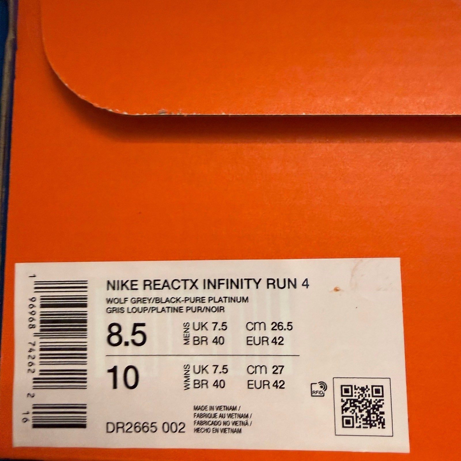 NIKE MEN'S 8.5 REACTX INFINITY RUN 4 WOLF GREY BLACK RUNNING DR2665-002 NIB