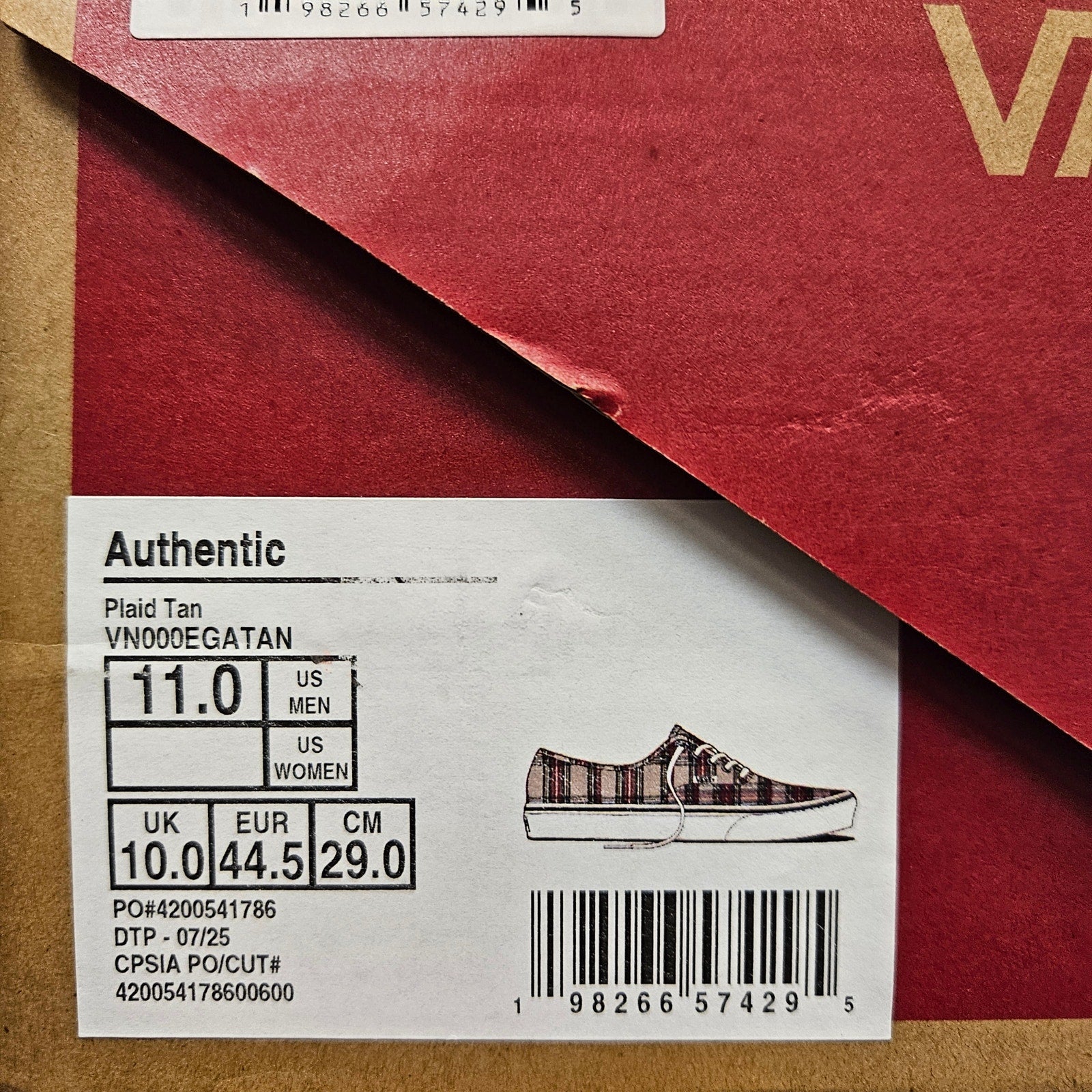 VANS MEN'S 11 AUTHENTIC LOW TOP SNEAKER PLAID TAN NIB VN000EGATAN